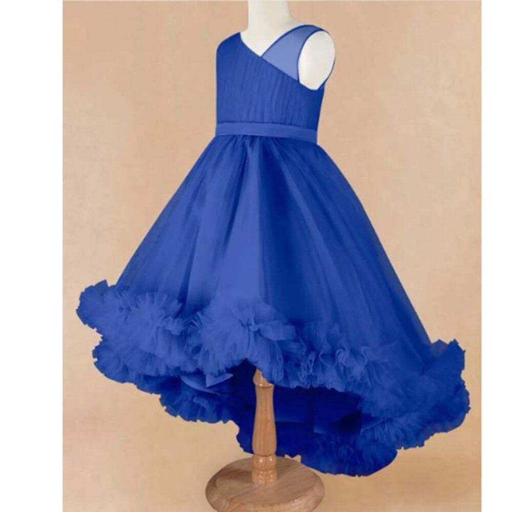 Azazie Lottie Girl Satin Tulle High Low Dress Elegant Party Royal Blue Size 5